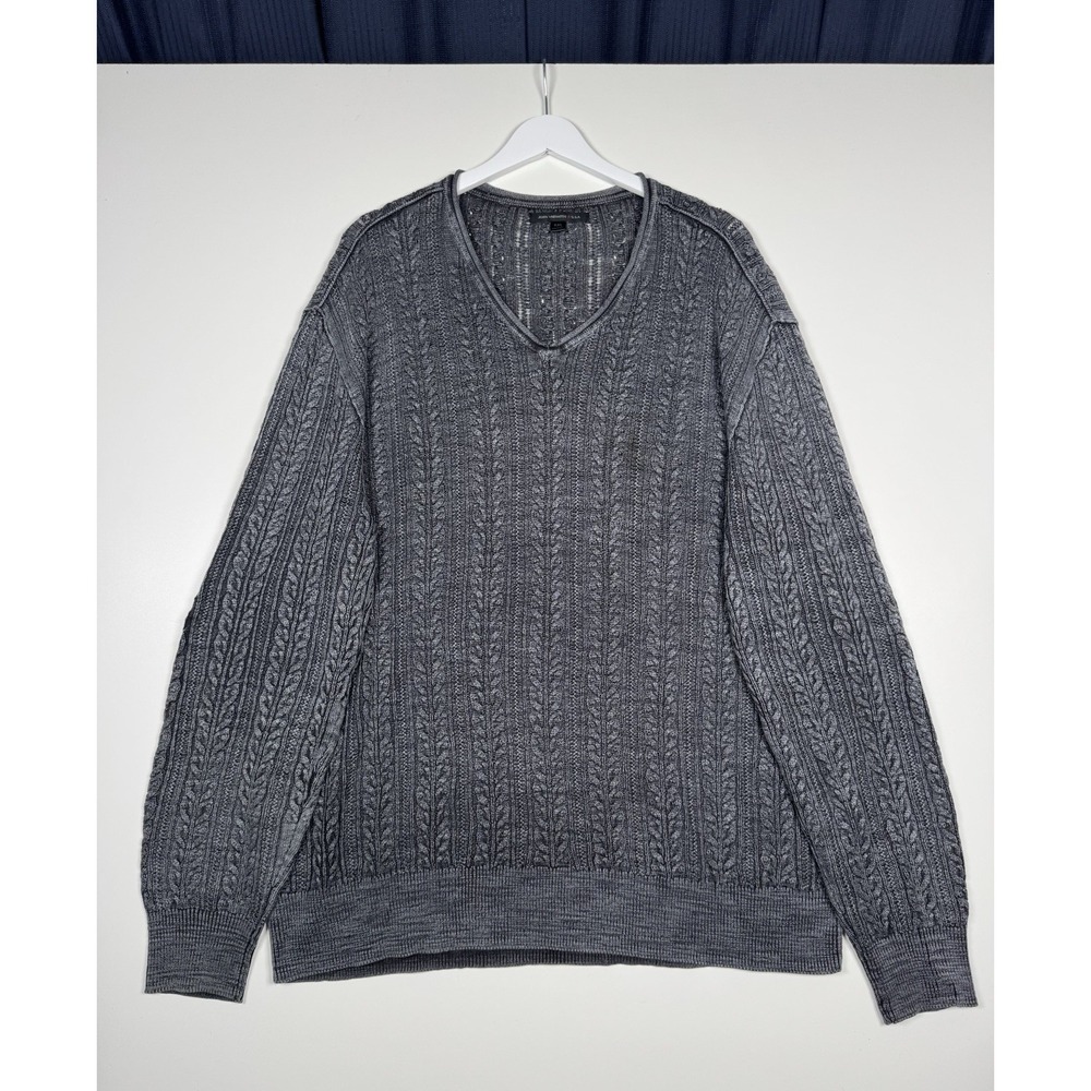 John Varvatos Men's XXL Gray Cable Knit V-Neck Sweater Cotton Linen Blend
